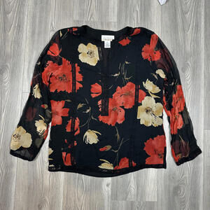 New York City Design‎ Co Women's Black Red Floral Silk Blouse